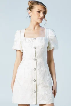 Puff Sleeve Jewel Button Bridal Mini Dress