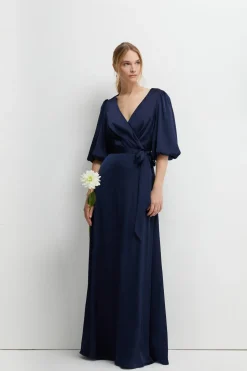Puff Sleeve Satin Wrap Bridesmaids Dress