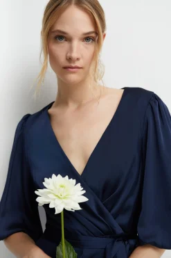 Puff Sleeve Satin Wrap Bridesmaids Dress