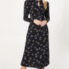 Purple Ditsy Ruched Front Keyhole Midi Dress