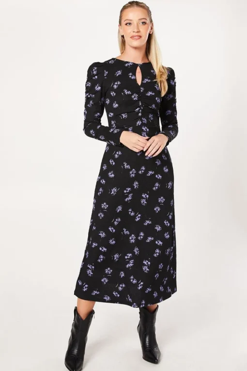 Purple Ditsy Ruched Front Keyhole Midi Dress