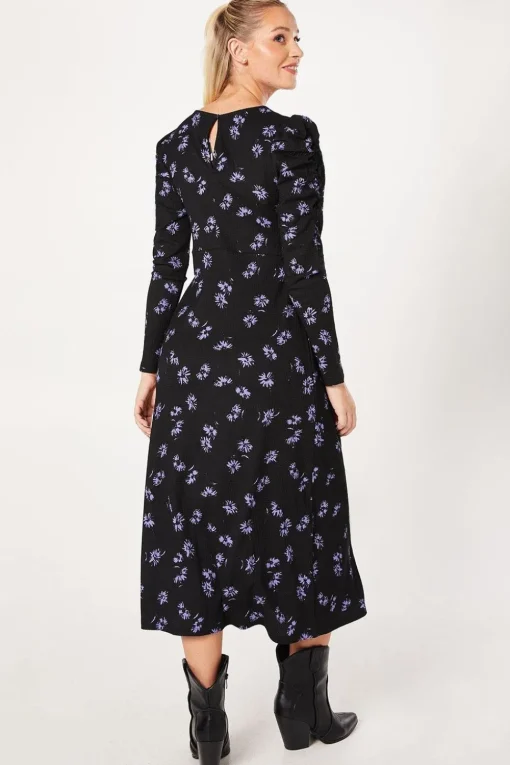 Purple Ditsy Ruched Front Keyhole Midi Dress