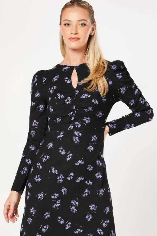Purple Ditsy Ruched Front Keyhole Midi Dress