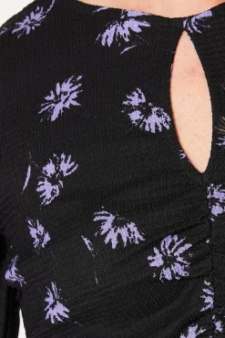 Purple Ditsy Ruched Front Keyhole Midi Dress