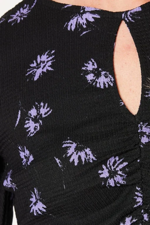 Purple Ditsy Ruched Front Keyhole Midi Dress