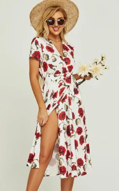 Red Floral Print High Waist Wrap Midi Dress In White