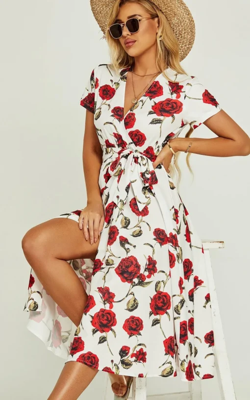Red Floral Print High Waist Wrap Midi Dress In White
