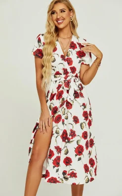 Red Floral Print High Waist Wrap Midi Dress In White