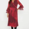 Red Ombre Flute Sleeve Wrap Dress
