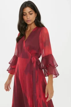 Red Ombre Flute Sleeve Wrap Dress