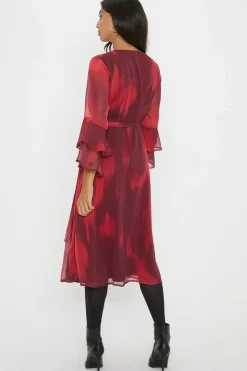 Red Ombre Flute Sleeve Wrap Dress