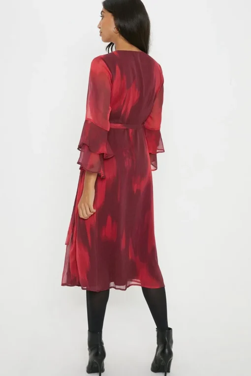 Red Ombre Flute Sleeve Wrap Dress