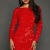Red Sequin Velvet Pencil Dress