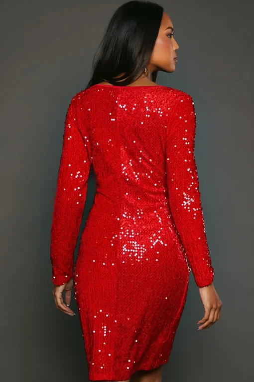 Red Sequin Velvet Pencil Dress
