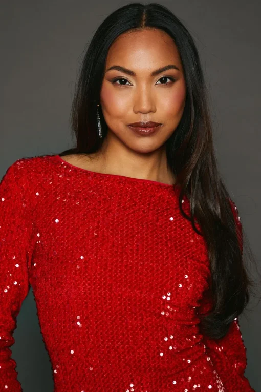 Red Sequin Velvet Pencil Dress