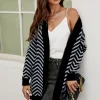 Relaxed Geometric Intarsia Cozy Soft Cardigan In Grey & Black