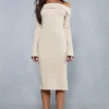 Rib Off The Shoulder Long Sleeve Midi Dress