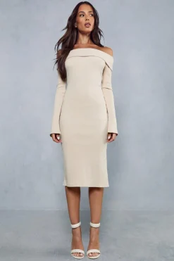 Rib Off The Shoulder Long Sleeve Midi Dress