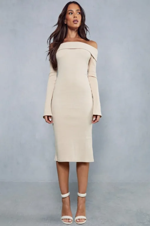 Rib Off The Shoulder Long Sleeve Midi Dress