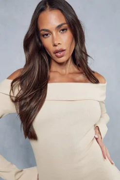 Rib Off The Shoulder Long Sleeve Midi Dress