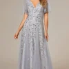 Romantic Shimmery V Neck Ruffle Sleeves Maxi Long Evening Gowns