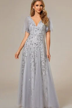 Romantic Shimmery V Neck Ruffle Sleeves Maxi Long Evening Gowns