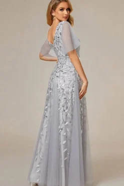 Romantic Shimmery V Neck Ruffle Sleeves Maxi Long Evening Gowns