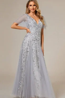 Romantic Shimmery V Neck Ruffle Sleeves Maxi Long Evening Gowns