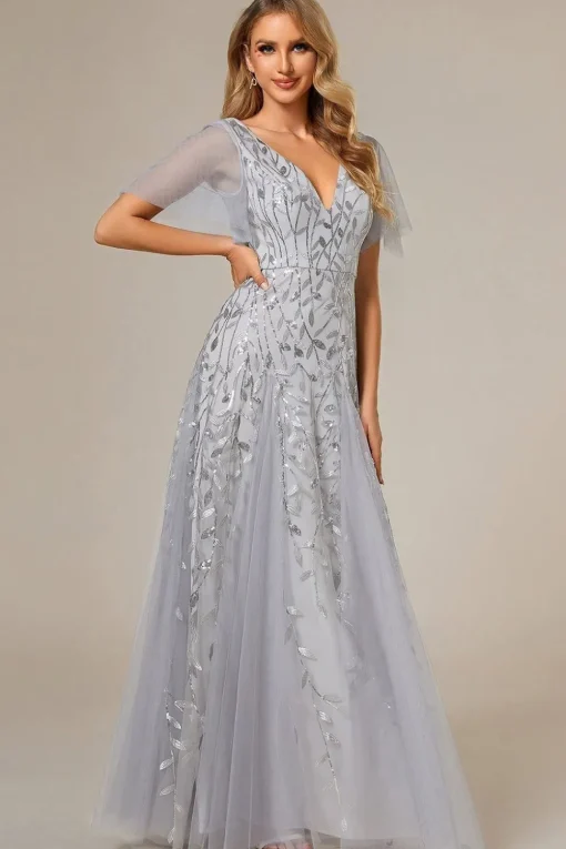 Romantic Shimmery V Neck Ruffle Sleeves Maxi Long Evening Gowns