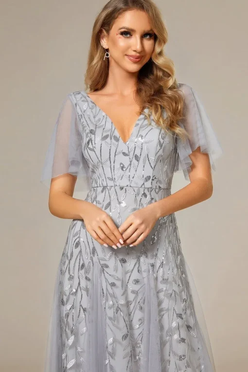 Romantic Shimmery V Neck Ruffle Sleeves Maxi Long Evening Gowns