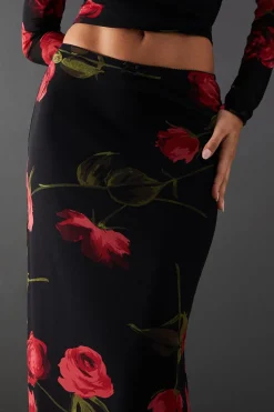 Rose Floral Mesh Bow Detail Midi Skirt