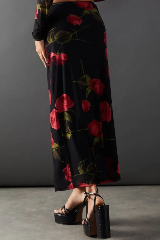 Rose Floral Mesh Bow Detail Midi Skirt