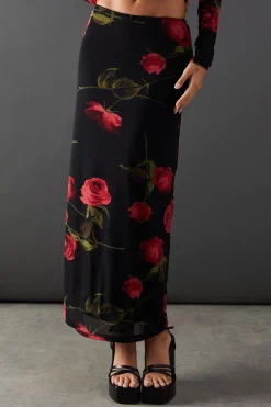 Rose Floral Mesh Bow Detail Midi Skirt