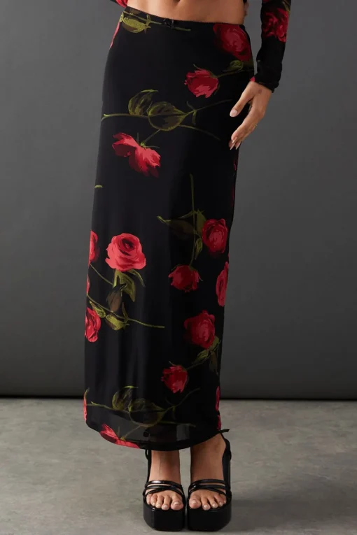 Rose Floral Mesh Bow Detail Midi Skirt