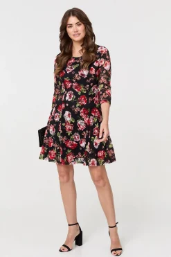 Rose Print 3/4 Sleeve Short Skater Dress