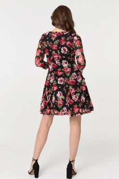 Rose Print 3/4 Sleeve Short Skater Dress