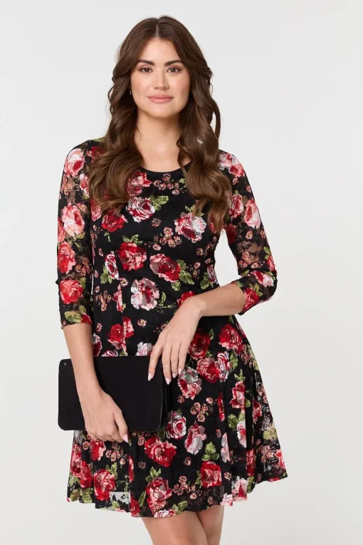 Rose Print 3/4 Sleeve Short Skater Dress
