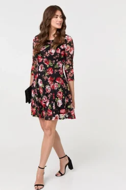 Rose Print 3/4 Sleeve Short Skater Dress