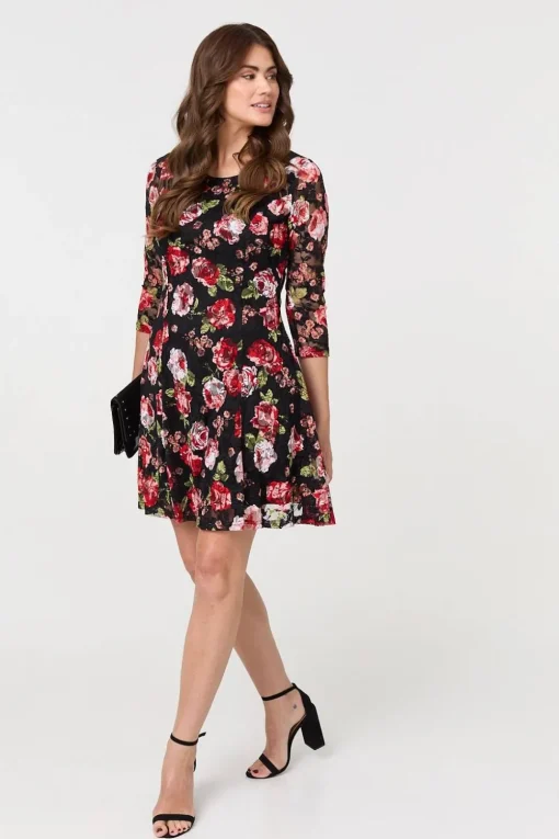 Rose Print 3/4 Sleeve Short Skater Dress