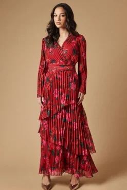 Rose printed Pleated Asymmetric Tiered Maxi Dress