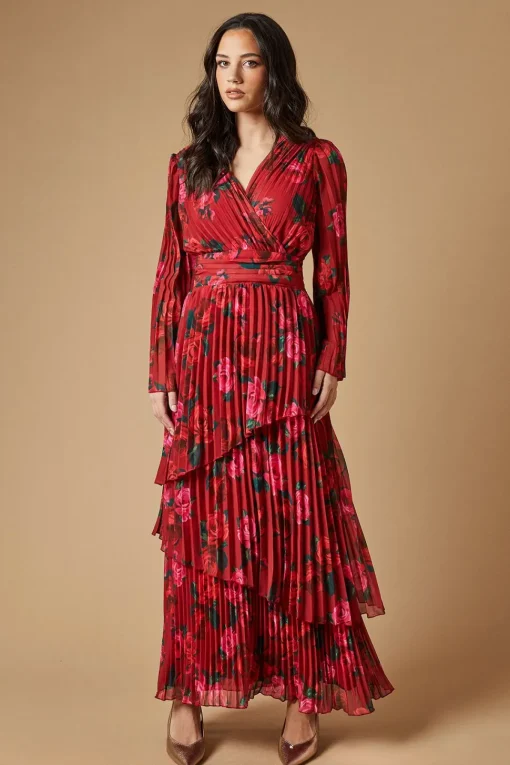 Rose printed Pleated Asymmetric Tiered Maxi Dress