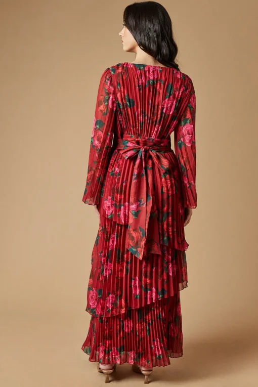 Rose printed Pleated Asymmetric Tiered Maxi Dress