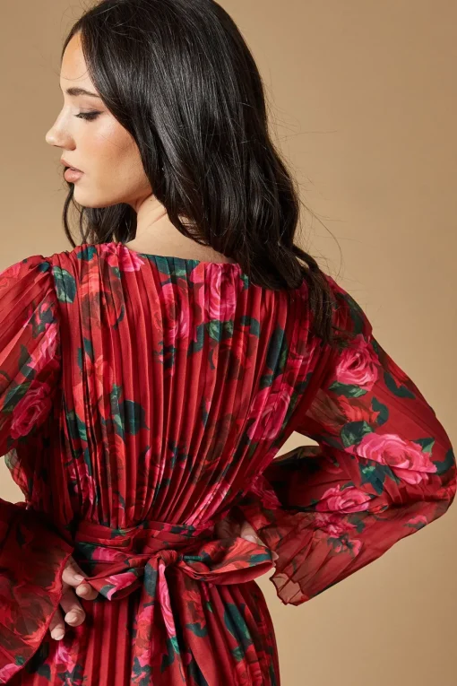 Rose printed Pleated Asymmetric Tiered Maxi Dress