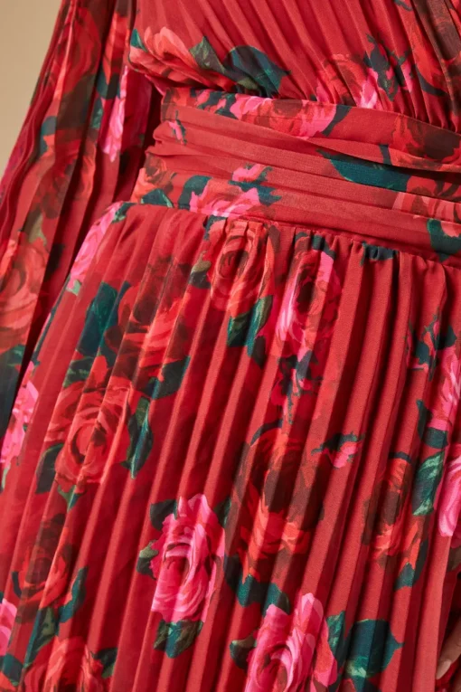 Rose printed Pleated Asymmetric Tiered Maxi Dress