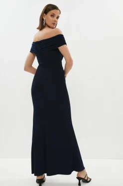 Ruched Bardot Fishtail Maxi Dress