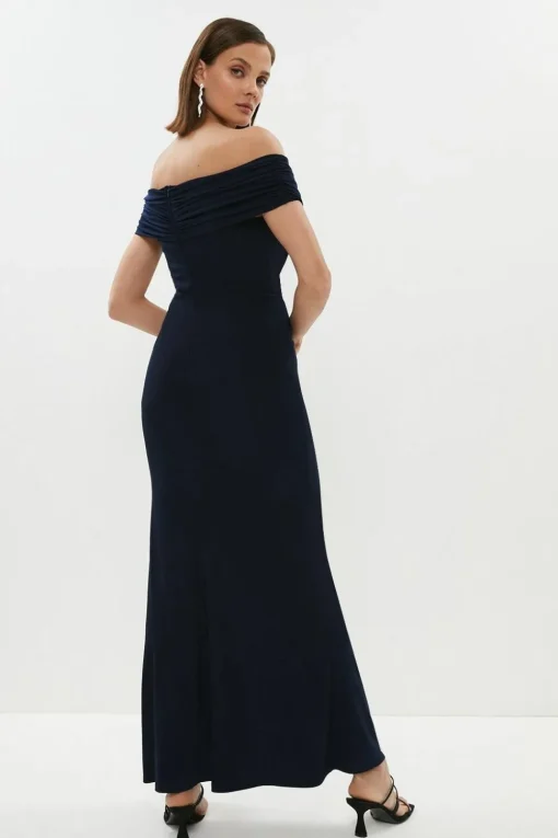 Ruched Bardot Fishtail Maxi Dress