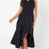 Ruched Shoulder Drape Skirt Crepe Midi Wedding Guest Dress