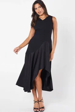 Ruched Shoulder Drape Skirt Crepe Midi Wedding Guest Dress