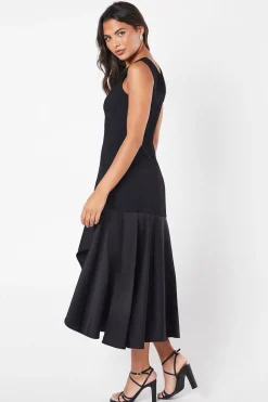 Ruched Shoulder Drape Skirt Crepe Midi Wedding Guest Dress