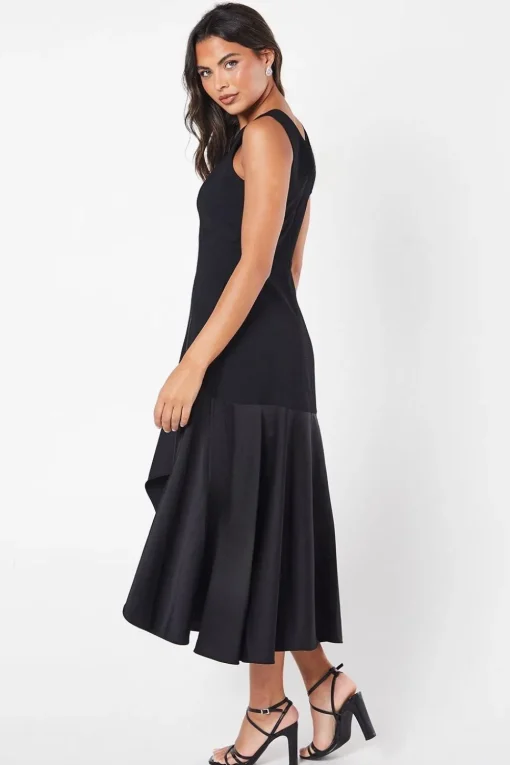 Ruched Shoulder Drape Skirt Crepe Midi Wedding Guest Dress